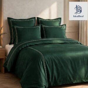 Parure housse de couette brodée satin de coton Vert Sapin HB-R18 – lit