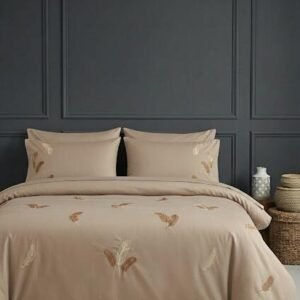 Parure housse de couette brodée satin de coton Plumes Dorées Beige – HB-R19