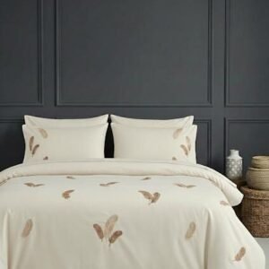 Parure housse de couette brodée satin de coton Plumes Dorées Écru – HB-R19