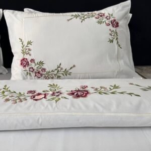 Taie brodée et housse de couette Roses Anciennes satin de coton blanc – HB-R23