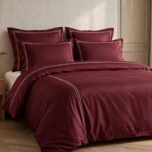 Parure housse de couette brodée satin de coton Bordeaux HB-R17 – lit