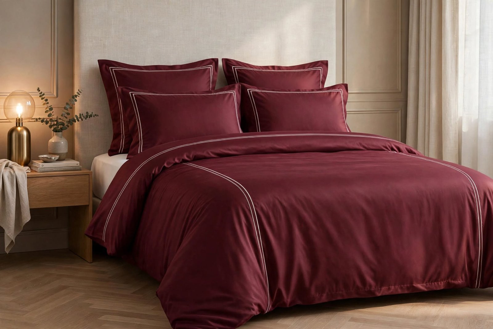 Parure housse de couette brodée satin de coton Bordeaux HB-R17 – lit