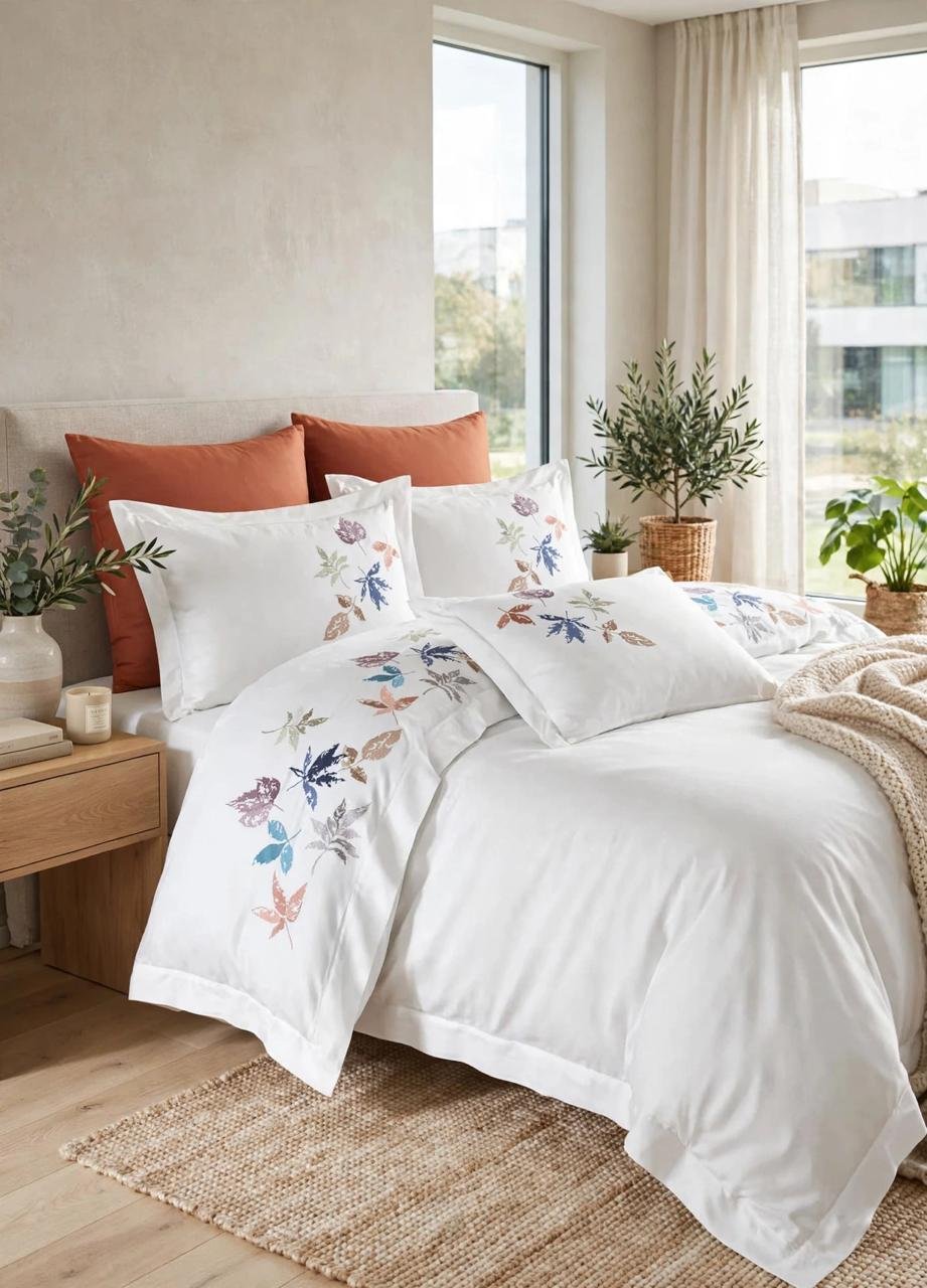 Parure housse de couette brodée satin de coton blanc Feuilles Multicolores HB-R9 – lit