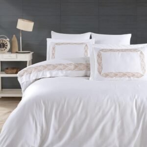 Parure housse de couette brodée satin de coton blanc Losanges Dorés HB-R26 – lit