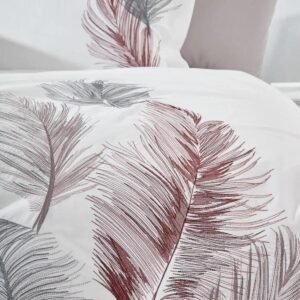 Broderie plumes bordeaux et grises sur housse de couette satin de coton blanc – HB-R10