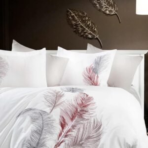 Parure housse de couette brodée satin de coton blanc Plumes Bordeaux et Gris HB-R10 – lit