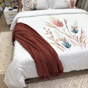 Lit avec parure brodée Plumes Pampa satin de coton blanc – HB-R7