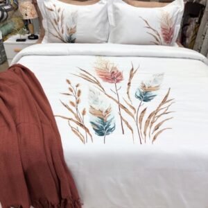 Parure housse de couette brodée satin de coton Plumes Pampa HB-R7 – lit