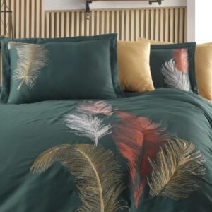 Broderie plumes dorées, blanches et terracotta sur satin de coton vert émeraude – HB-R12