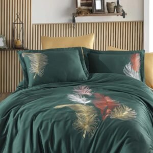 Parure housse de couette brodée satin de coton vert émeraude Plumes HB-R12 – lit
