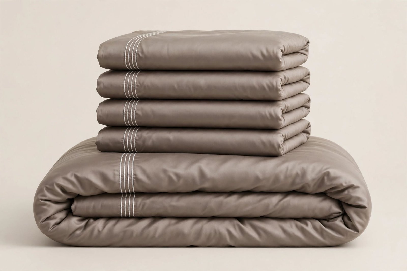Coffret parure brodée satin de coton Taupe HB-R6 – housse et taies pliées
