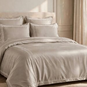 Parure housse de couette brodée satin de coton Taupe HB-R6 – lit