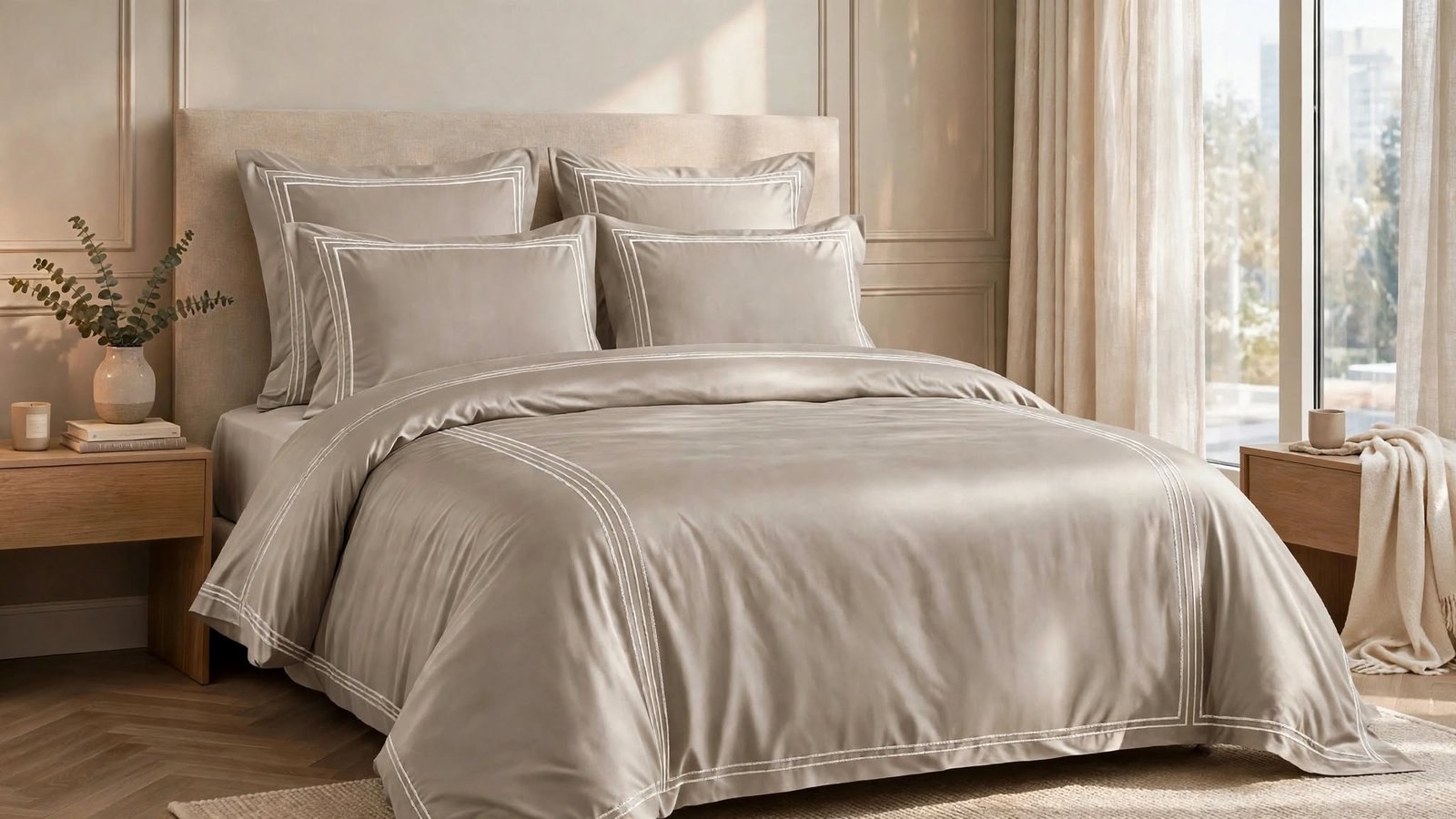 Parure housse de couette brodée satin de coton Taupe HB-R6 – lit