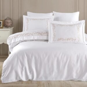 Parure housse de couette brodée satin de coton blanc Volutes Dorées HB-R25 – lit